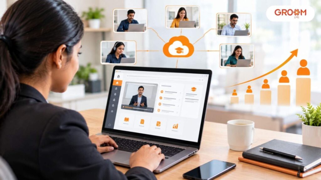 Professional employee using an online learning platform on a laptop, representing scalable e-learning solutions and remote training.