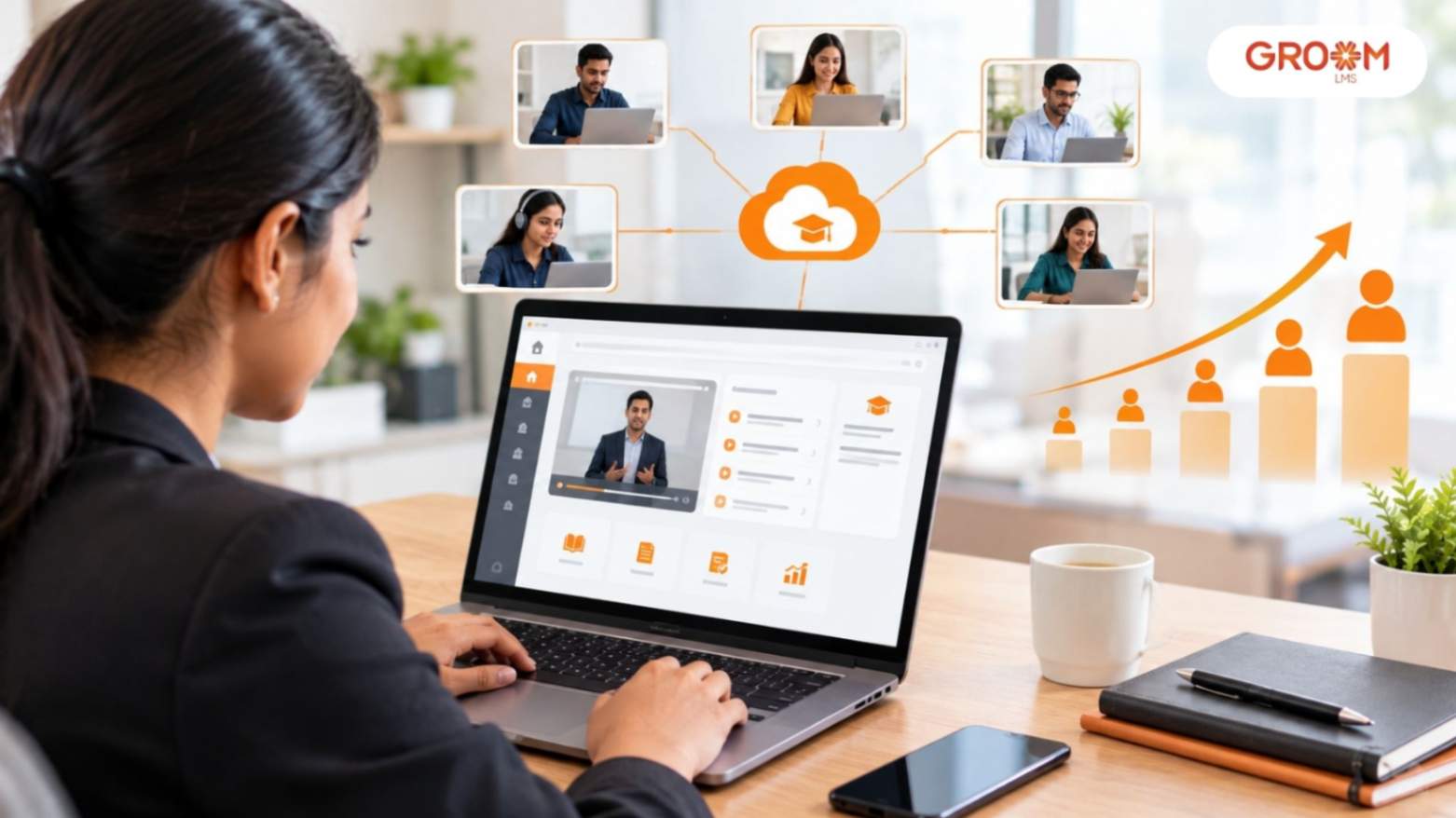 Professional employee using an online learning platform on a laptop, representing scalable e-learning solutions and remote training.