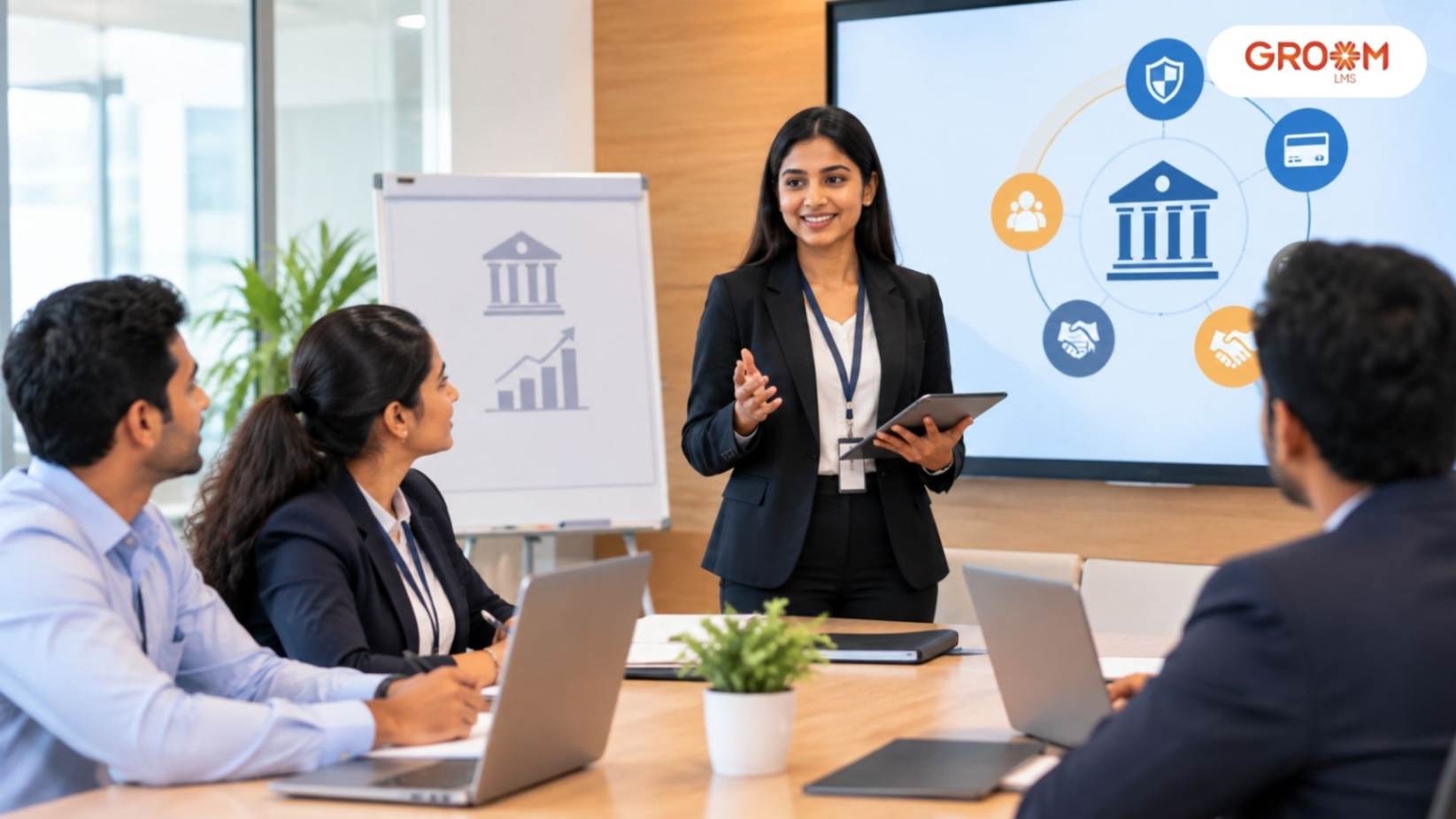 Professional banking training meeting with employees discussing certification and financial services in a modern conference room.
